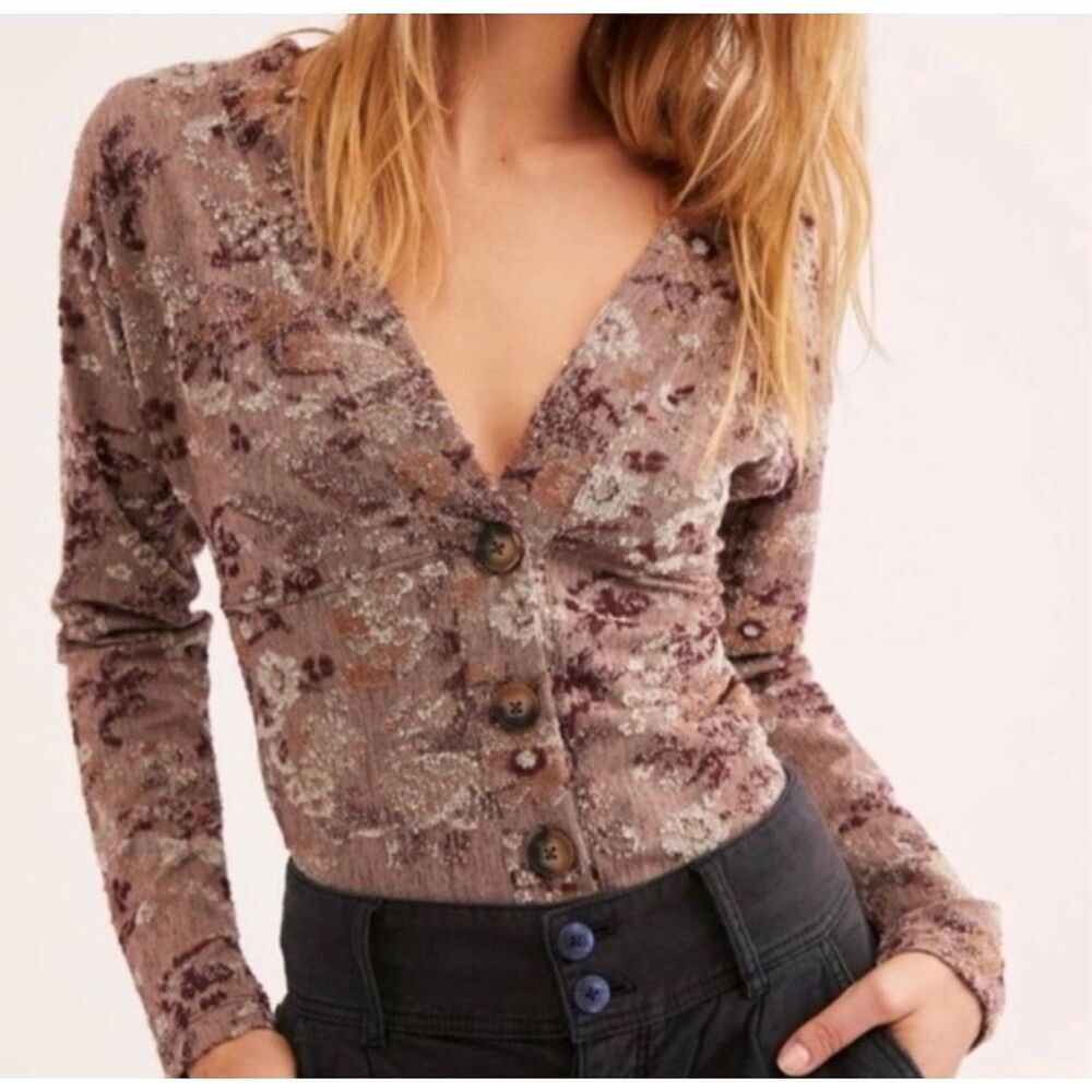 Free People Mulberry floral boho v-neck L cropped sweater